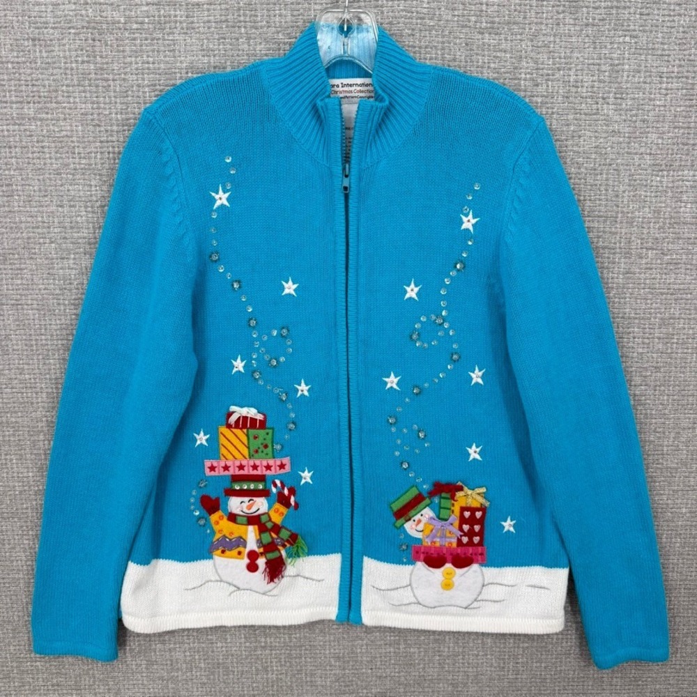Tiara International Christmas Snowman Zip Cardigan Women L Teal Blue Kitsch